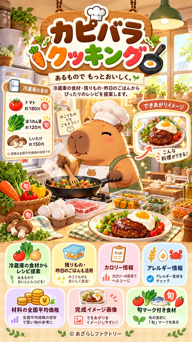 カピバラクッキング。コック帽のカピバラが冷蔵庫の食材で料理するタイトル画面。© あざらしファクトリー